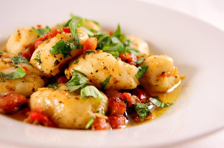 Gnocchi with Pancetta dressed in Garlic, Red Chill and Basil Butter